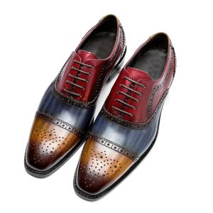 Buty kolorowe blok oryginalne skórzane męskie buty Oxford Cap TOE Lace Up Brogue Business Party Eleganckie dżentelmeńskie sukienki dla mężczyzn