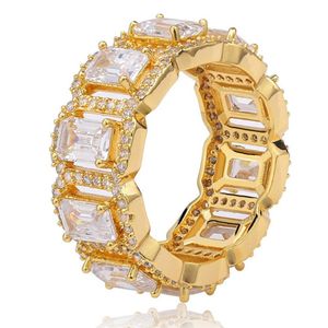 Anello da uomo Hip Hop con zirconi rettangolari ghiacciati, anello in oro argento, grande CZ, gioielli con fascino bling279J