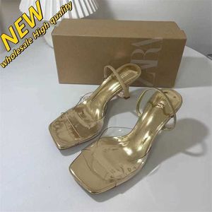 Billig butik 90% rabatt i grossist ZA Womens Shoes Square Toe Öppen transparent PVC High Heel Sandals Cool Drag Gold Metal Material mångsidigt