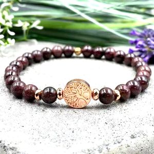 MG2095 6 MM Grado A Uruguay Granato Perle di rame Albero della vita Bracciale con ciondoli Donna Messa a terra Chakra della radice Polso Mala