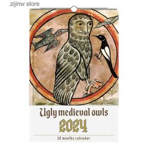 Kalender Strange Medieval Owl Kalender 2024 Intressant uggla väggkalender Månadsupphängande gåva tjock papperskalender för kontor och hemdekoration Y240322