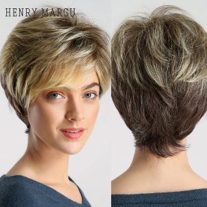 Perucas Henry Margu Raiz Escura Ombre Marrom Loira Perucas de Cabelo Curto Fluffy Pixie Cut Peruca Sintética para Mulheres Negras Brancas Resistente ao Calor