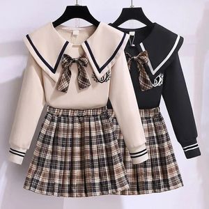 Korea School Uniform Autumn Blus Shirt med fluga Hög midja veckad kjol 2st japansk stil Studentkjol JK Outfits 240307