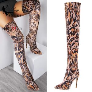 Boots Women Boots High Heels Autumn And Winter Pointed Toe Over The Knee Long Boots Stretch Fabric Sexy Slim Leopard Print Model Shoes