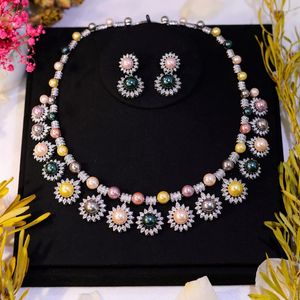 Halsbandörhängen Set Luxury Quality 2-Piece Zirconia Big Tassel Pearl Dress Set Accessories Dubai Bridal Wedding Jewelry for Women