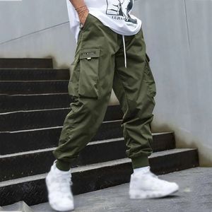 Calças de carga casuais para homens outono bolso amontoado pés sweatpants bolsos cintura elástica calças esportivas masculino streetwear 240318