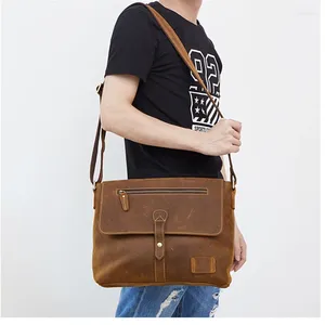 Bolsa nesitu vintage de alta qualidade marrom cavalo louco couro masculino mensageiro sacos genuíno homem ombro m6352