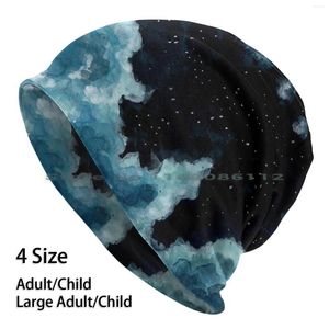 Berets Mystical Night Skies Beanies Knit Hat Navy Blue Sky Clouds Art By Moon Heavenly Celestial Universe Painted Full