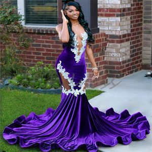 Abiti da ballo da donna neri viola con applicazioni Applicazioni eleganti Abito da sera a sirena in pizzo 2024 Abito da cerimonia formale per occasioni formali in velluto con gamba tagliata vestidos de noche