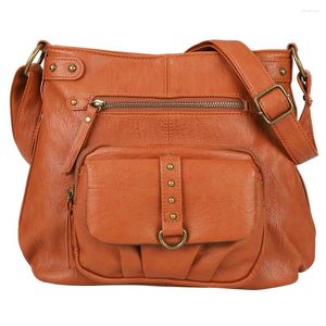 Axelväskor vintage crossbody kvinnor mjuk läder sling påse multi-pocket multifunktion fast färg retro damer flickor handväska