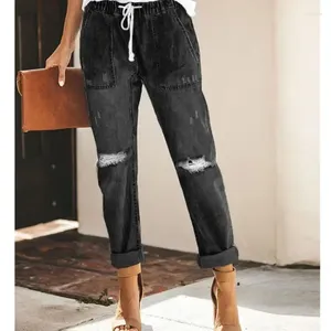 Jeans da donna Autunno Pantaloni a matita dritti effetto consumato Casual Denim lavato allentato Moda con coulisse Vita elastica Lady 30211