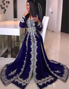 Azul marinho uma linha vestidos de noite com decote em v mangas compridas prata applique rendas até o chão vestidos de noite formais vestido de noite for9006685