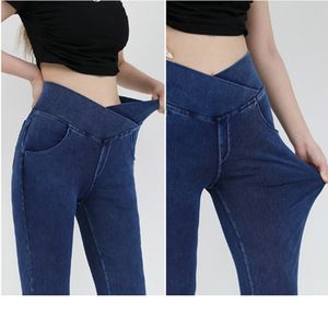 Hoch taillierte Jeans-Fitnesshose mit Kreuztaschen, schmale Passform, elastische Hose mit weitem Bein für Freizeitkleidung, Yogahose