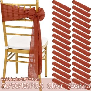 10100pcs Terracotta Chair Wedding Covers Cheesecloth Bow 리본 파티 행사 7x98in 240307