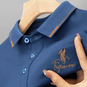 Europeu americano verão bordado manga curta camisa polo masculina marca de luxo algodão polos topo masculino negócios t roupas trabalho