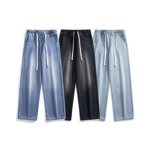 2024 New Elastic Waist Washed Jeans for Men's Spring Wide Leg Pants American High Street Loose Straight Leg Pants for Men