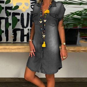 Casual Dresses Summer Fashion Classical Short Sleeve Denim Dress For Women Whis Down Collar Single-Breasted Tickets Kne-Length Vintage