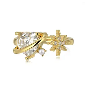 Anelli a grappolo Anello in argento sterling S925 stile francese con design a micro intarsio di perle intarsiate con zirconi a forma di stella femminile