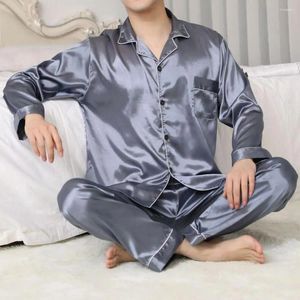 Mäns sömnkläder män pyjama set satin lapel med långärmad skjorta breda benbyxor mjuka hemkläder för höstfjäder