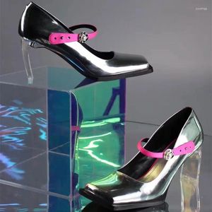 Scarpe eleganti Argento Punta quadrata Décolleté con tacco a forma trasparente Donna Estate 2024 Cinturino con fibbia chiusa Tacchi alti Mary Jane Donna