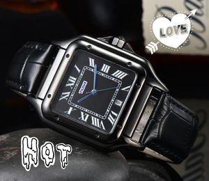 Factory Goods Square Roman Simple Dial Watch Men Quartz Battery Movement Clock Leather Hip Hop Iced Out Botton Twire Drawing President Chain Wristwatch Montre homme