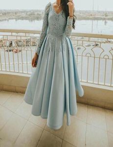 Light Blue Tea Length Party Formal Dresses 2022 With Lace Long Sleeve Aline Draped Aline Plus Size Prom Dress Evening Cocktail G8278846