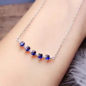 Hängen USPS Dropship äkta Blue Sapphire Chocker -halsband för bröllop Autentisk 925 Sterling Silver Gemstone 1.1 1.5 '