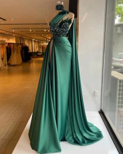Hunter Green Evening Dress Sequins Slim Fit One Shoulder Side Split Pleats Prom Gowns Beaded Feather Party Dresses