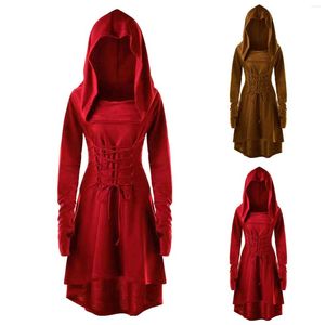 Casual Kleider Plus Größe Mittelalterliche Frauen Bogenschütze Kostüm Langarm Mit Kapuze Pixie Cosplay Kleid Renaissance Femal Larp Robe Verband