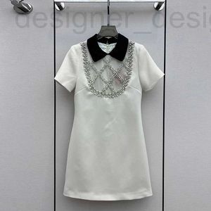 Basic & Casual Dresses designer brand Miu white lapel A-line skirt studded with diamonds socialite slim fit dress high-end short sleeved skirt for women's