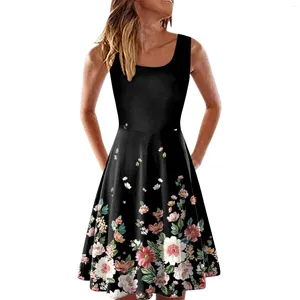 Casual Kleider Vintage Sommer Strand Kleid Frauen Sexy Ärmelloses Blumen Gedruckt Sommerkleid Robe Femme Elegante Damen Abend