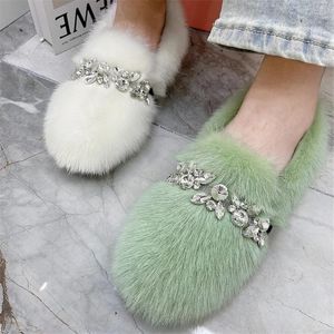 Casual Shoes Green Women Flat Crystal Loafers Winter Warm Mink Fur Espadrilles Ladies Walking Driving Zapatos Mujer Flats