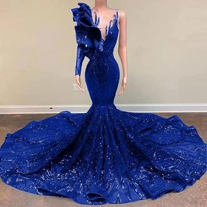 Sparkly Royal Blue Prom Dress 2024 Luxury One Shoulder Sequin African Black Girls Women Formal Prom Birthday Gown Robe de Soiree