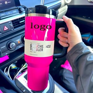 Neonrosa elektrisk rosa rosa 40oz tumbler gul orange neongrön släckare H2.0 rostfritt stål tumlers koppar med silikonhandtag lock och halm vinterrosa svarta bilmuggar