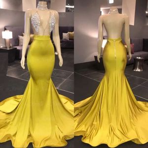 Gold Prom Yellow Dresses Sexy V Neck Sleeveless Mermaid Halter Open Back Sweep Train Formal African Evening Dress