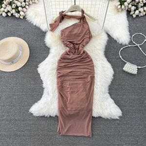 Vestidos casuais verão moda sexy sutiã pendurado pescoço malha vintage vestido mulheres diiagonal colarinho sem costas cintura slim fit envoltório bodycon