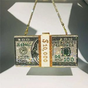 Cross Body Creative Fashion New Money Clutch Rhinestone Purse 10000 Dollars Stack Bags of Cash Evening Handväskor Axel Wedding Dinner Bagl2403