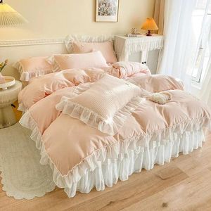 Bedding Sets Pink White Grey Cotton Princess Set Romantic Lace Ruffles Duvet Cover Quilted Bedspread Bed Skirt Pillowcases