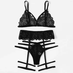 Bras Sets Sexy Lingerie Thin Lace Erotic Woman 3 Pieces Transparent Women's Underwear Hollow Out Strappy Bra And Panty Garter