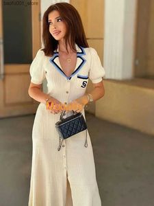 Basic Casual Dresses Modphy 2023 Elegant Ultra thin Knitted Long Skirt Womens Letter Single Chest Long Sleeve Designer Retro Autumn Dress Q240322