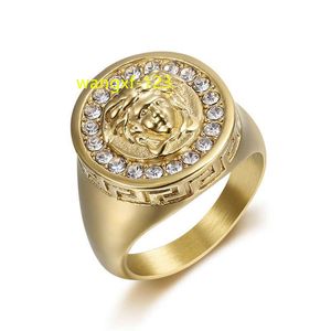 Anello con medusa placcato in oro di forma geometrica greca antica in acciaio inossidabile 316l di religione blues per gioielli da uomo