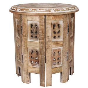 Handcarved Decorative Entrance Coffee Magazine Living Room Side Table, Octagonal Wooden Table -30.48 Dome X 30.48 Cm High - White Washed