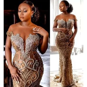 Arabic Plus Size Aso Ebi Gold Luxurious Mermaid Prom Dresses Sheer Neck Beaded Lace Evening Formal Party Second Reception Gowns Dress