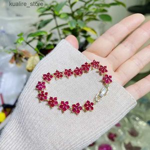 Charm Bracelets PigeonS Blood Ruby Synthetic Red Corundum Gold Plated Flower String Jewelry Gift For Mother Women Friends L240322