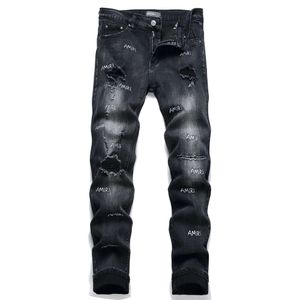 Trendy Brand AM Fashion Minimalist Slim Fit Elastic Black Perforated Letter Embroidery Men's Small Straight Leg Denim Pants