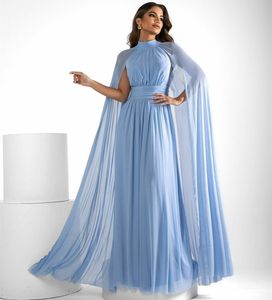 Klas uzun açık mavi pileli balo elbiseleri Cape a-line yüksek boyun şifon zemin uzunluğu fermuar kadınlar için arka balo elbiseleri