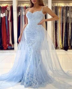 Syrena jasnoniebieskie koronkowe długie sukienki balowe spaghetti ukochane aplikacje długość podłogi impreza wieczorna suknie7660605