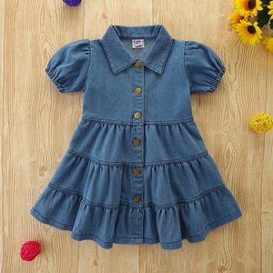 Girl Dresses 1-5 Years Toddler Girls Dress Summer Short Sleeve Turndown Neck Frilly Denim Princess Solid Casual Clothes