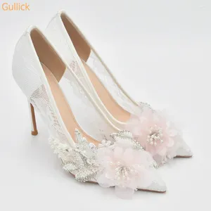 Dress Shoes Summer Lace Air Mesh High Heels Flowers Pearl White Wedding Women's Pumps Pointed Toe Stiletto Heel