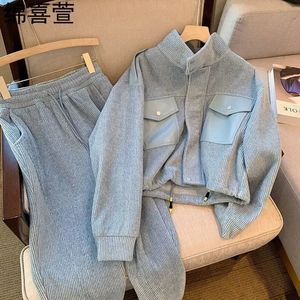 Koreansk höstgrå långärmare jacka hög midja breda benbyxor twopiece set för kvinnor träning kvinnlig sportkläder 240315